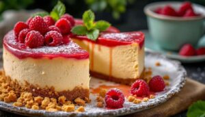 Cremiger Himbeer Cheesecake mit einem edlen Fruchtspiegel wie im Café