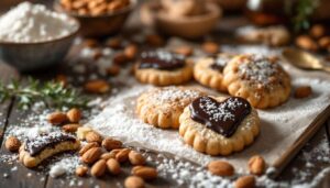Schoko-Herz-Plätzchen mit Nüssen: mürber Teig, Zartbitterglanz und Mandel-Crunch